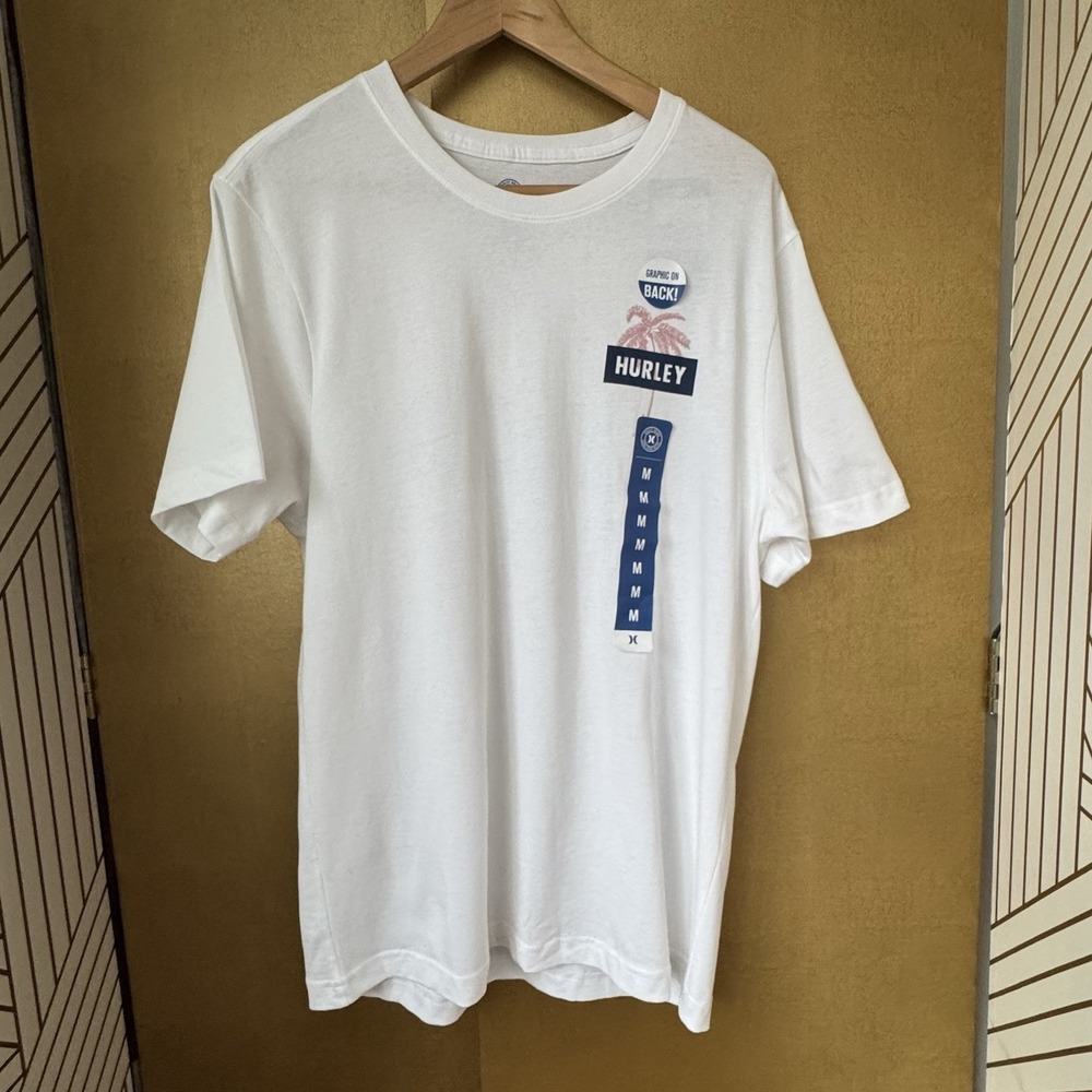 NWT Men's White Hurley Size Medium Palm Tree T-Shirt Graphics On Front & Back - Picture 1 of 9